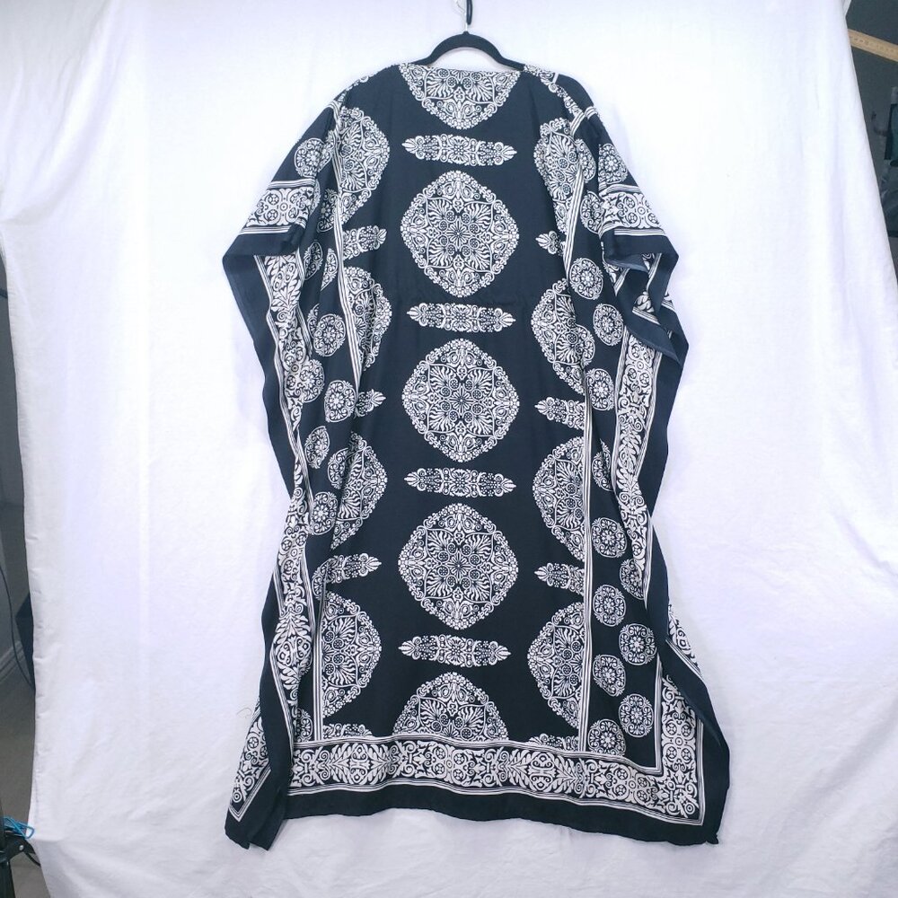 Nf Black and White Floral Geometric Pattern Moo Moo Kaftan Relaxed Maxi Dress - Picture 15 of 16